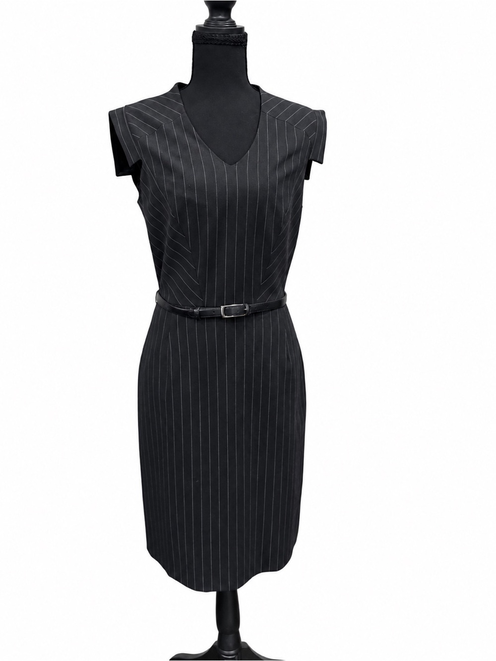 ANTONIO MELANI Black Pinstripe Midi Sheath Dress with Belt